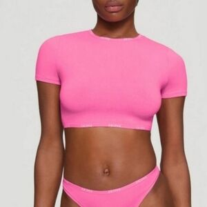 Skims Cotton Logo SUPER CROPPED T-SHIRT Top Shirt Pink Xlarge NWT